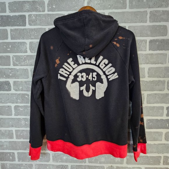 True Religion Jacket Women's Large Black Red Bleach Splatter Distressed Logo - Picture 6 of 15